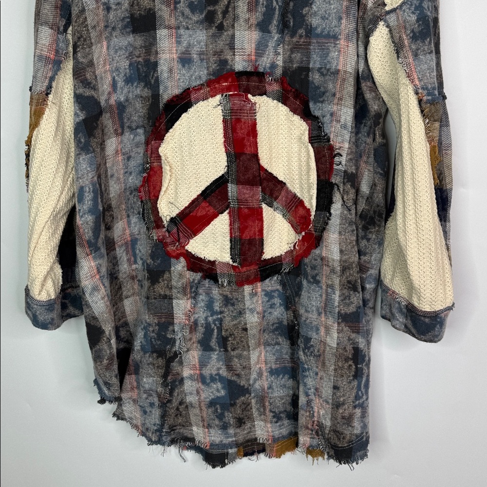 Pol Peace Patch Plaid Color Block Top Long Sleeve Button Up Shirt Size Medium - Picture 6 of 10